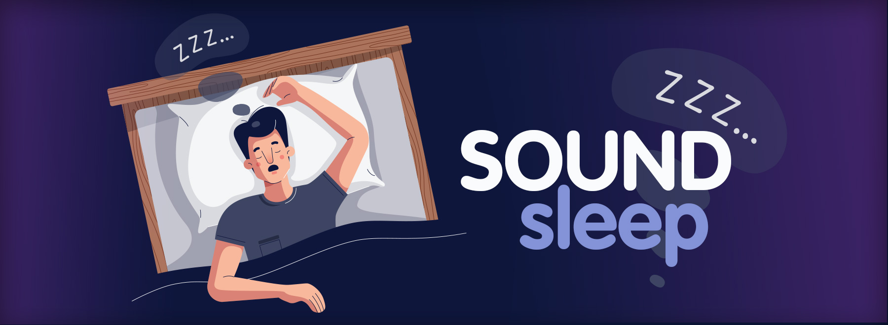 Illustration of a man sound asleep on purple background